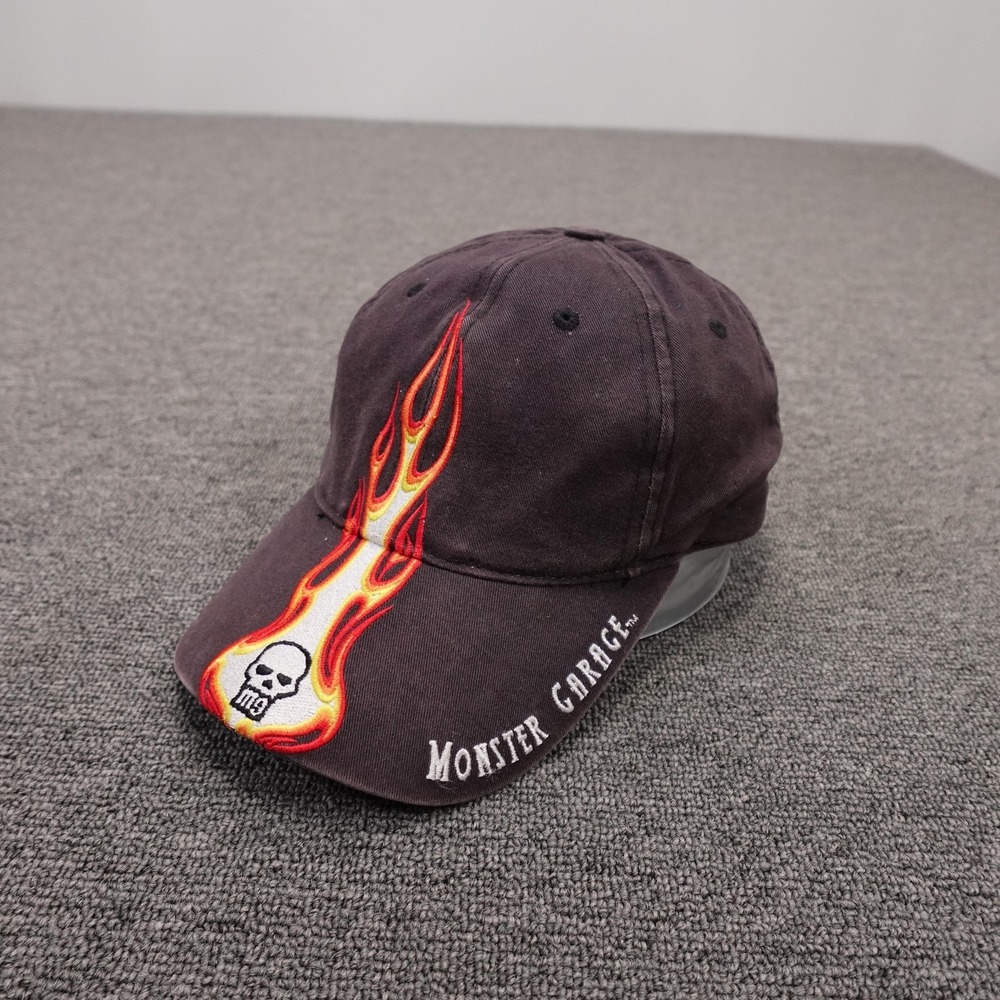 Vintage Monster Garage Hat Cap Strap Back Mens One Size Black Flame Skull Y2K